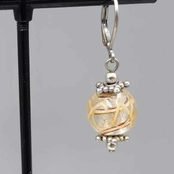 Yellow Swirl Glass Bead Pierced Earrings Silver tone Dangle 3/4" - Picture 3 of 9